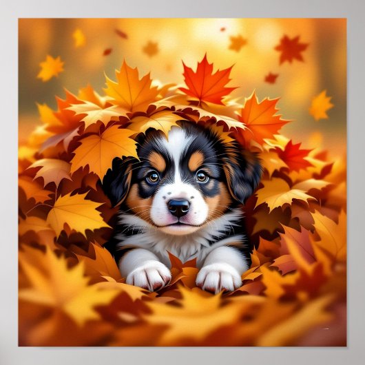 Cute Puppy Dog in Fall Leaves ポスター (正面)