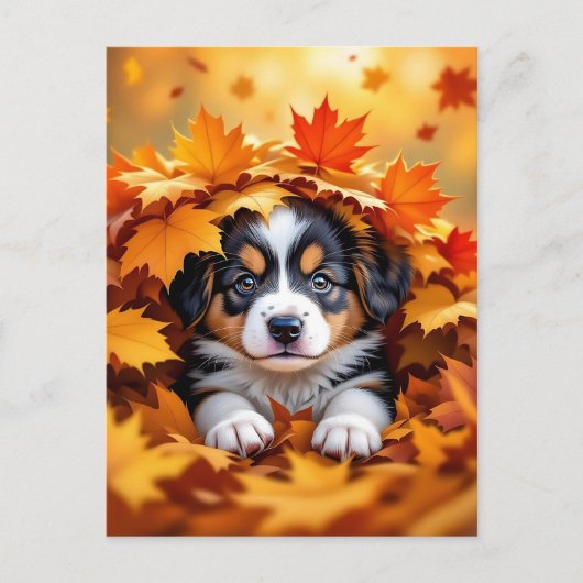 Cute Puppy Dog in Fall Leaves ポストカード (正面)