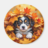 Cute Puppy Dog in Fall Leaves マグネット (正面)