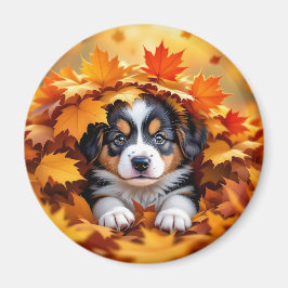 Cute Puppy Dog in Fall Leaves マグネット