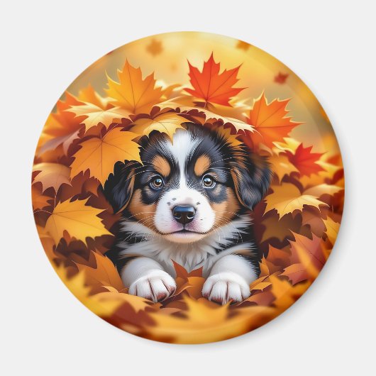 Cute Puppy Dog in Fall Leaves マグネット (正面)