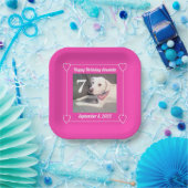 Cute Puppy Dog Photo Birthday 7 Hearts Hot Pink ペーパープレート (パーティー)