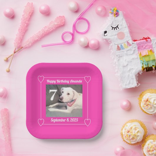 Cute Puppy Dog Photo Birthday 7 Hearts Hot Pink ペーパープレート (パーティー)