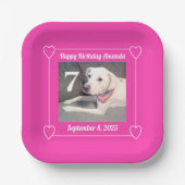 Cute Puppy Dog Photo Birthday 7 Hearts Hot Pink ペーパープレート (正面)