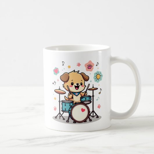 Cute Puppy Drummer - Happy Dog Playing Drums コーヒーマグカップ (右)