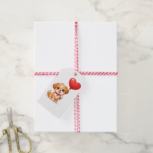 Cute Puppy Heart Balloon Valentines Design ギフトタグ (より糸付き)