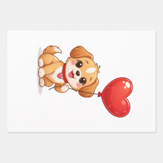 Cute Puppy Heart Balloon Valentines Design ラッピングペーパーシート
