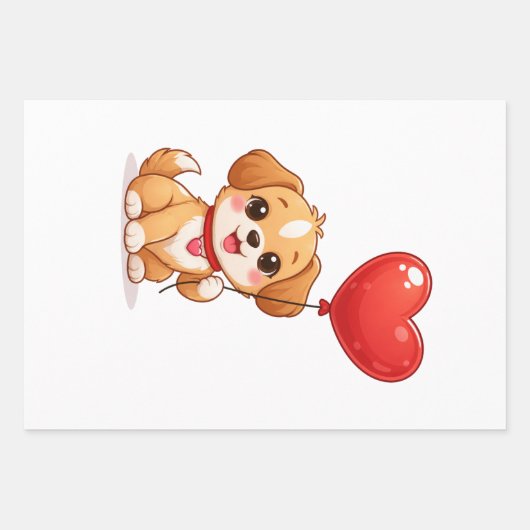 Cute Puppy Heart Balloon Valentines Design ラッピングペーパーシート (正面)