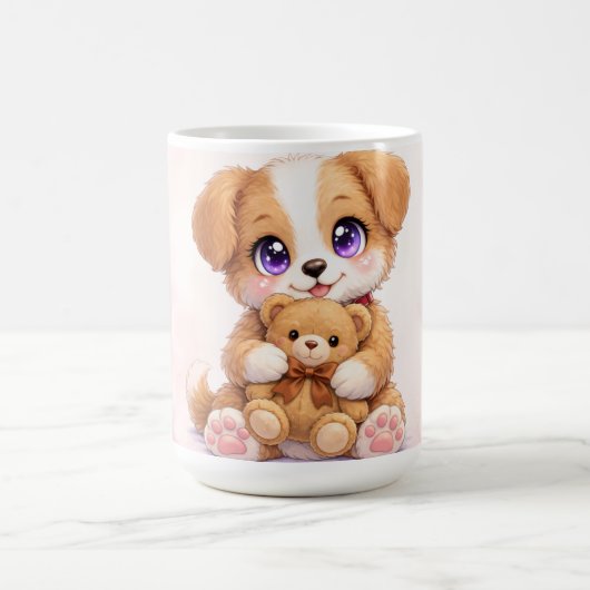 Cute Puppy Holding Teddy Bear Mug コーヒーマグカップ (中央)