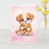 Cute Puppy Hugging Teddy Bear Greeting Card カード (黄色い花)