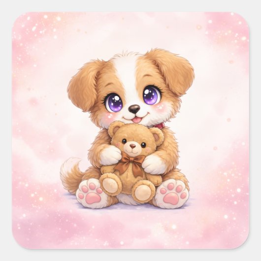 Cute Puppy Hugging Teddy Bear Square Sticker スクエアシール (正面)