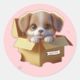 Cute Puppy in a Gift Box Sticker | Kawaii Sticker ラウンドシール