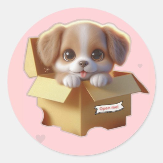 Cute Puppy in a Gift Box Sticker | Kawaii Sticker ラウンドシール (正面)