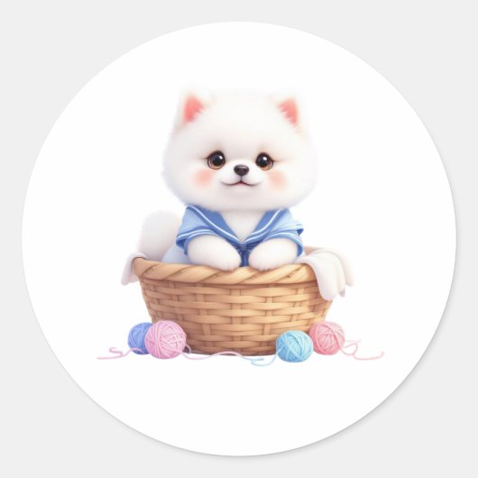 Cute Puppy in Basket Sticker ラウンドシール (正面)