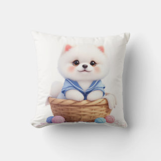 Cute Puppy in Basket Throw Pillow クッション