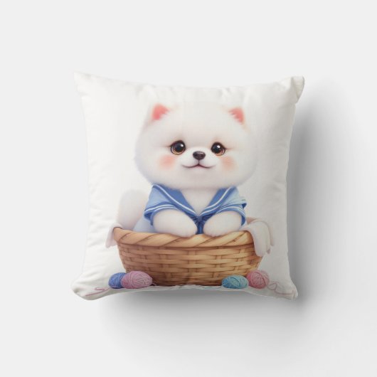 Cute Puppy in Basket Throw Pillow クッション (正面)