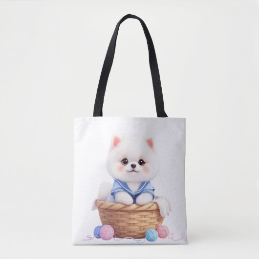Cute Puppy in Basket Tote トートバッグ (正面)