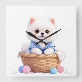 Cute Puppy in Basket Wall Clock スクエア壁時計