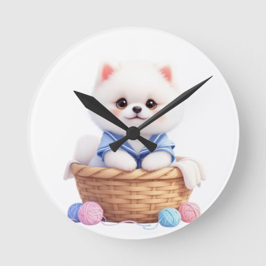 Cute Puppy in Basket Wall Clock ラウンド壁時計 (正面)