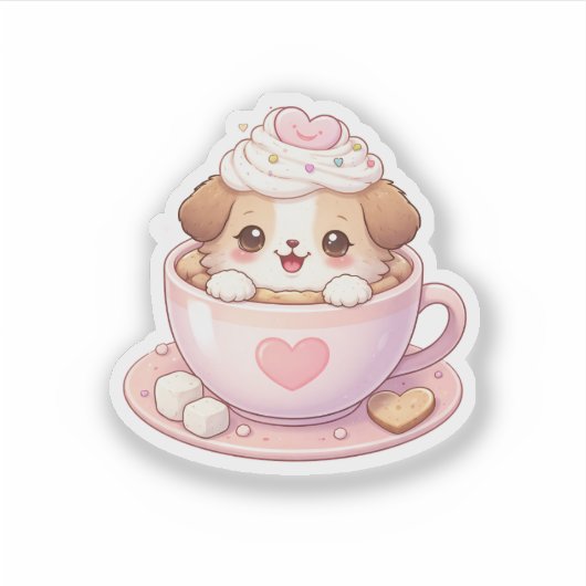 Cute Puppy in Coffee Cup Kawaii Sticker シール (正面)