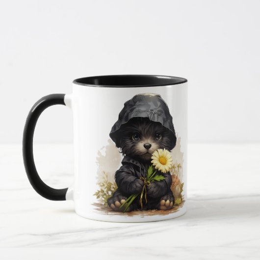 Cute Puppy in Raincoat with Daisy Flower Coffee  マグカップ (左)