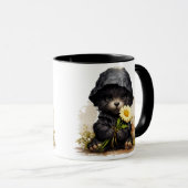 Cute Puppy in Raincoat with Daisy Flower Coffee  マグカップ (正面右)