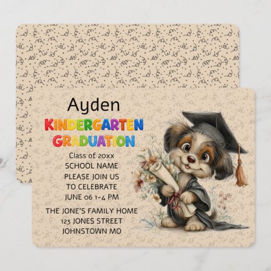 Cute Puppy Kindergarten Graduation Invitation 招待状 (正面/裏面)