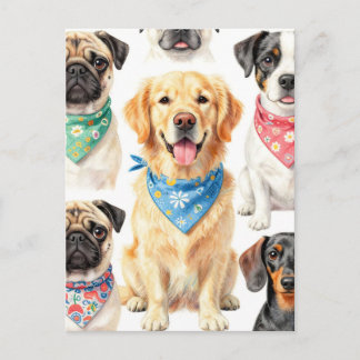 Cute Puppy Portraits Bandana Collage Watercolor ポストカード