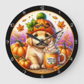 Cute Puppy Pumpkin Season Fall Theme ラージ壁時計 (正面)