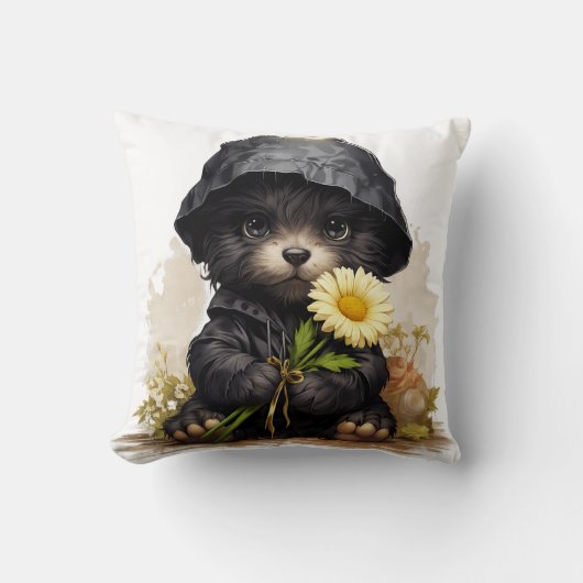 Cute Puppy Raincoat Pillow Kawaii Dog Nursery Deco クッション (正面)