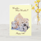 Cute puppy shar pei dog and teddy funny 50th カード (黄色い花)