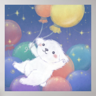 Cute Puppy with Balloons & Stars ポスター