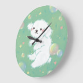 Cute Puppy with Bubbles and Flowers ラージ壁時計 (傾斜)