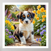 Cute Puppy with Flowers ポスター (正面)