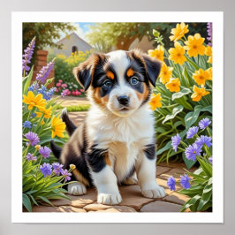 Cute Puppy with Flowers ポスター