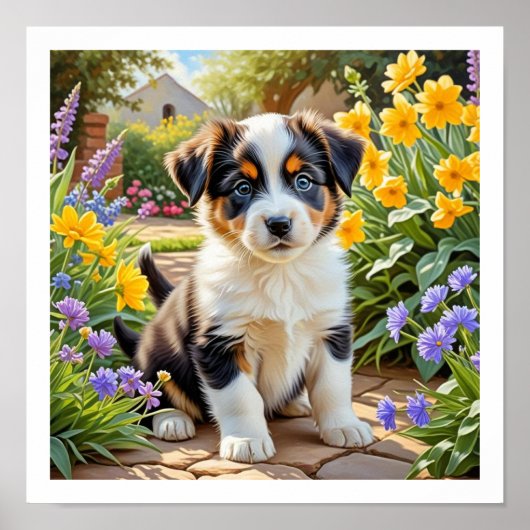 Cute Puppy with Flowers ポスター (正面)