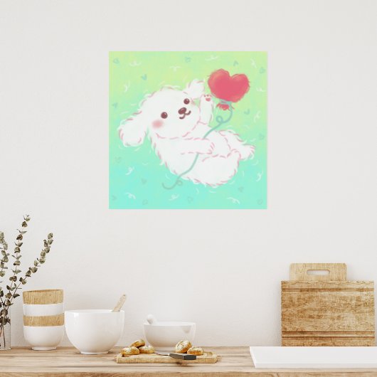 Cute Puppy with Heart Balloon ポスター (キッチン)