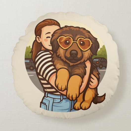 Cute Puppy with Heart Sunglasses ラウンドクッション (正面)