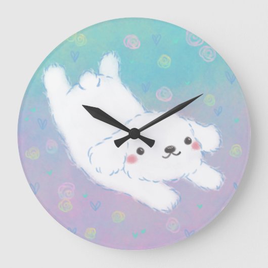 Cute Puppy with Pastel Flowers ラージ壁時計 (正面)