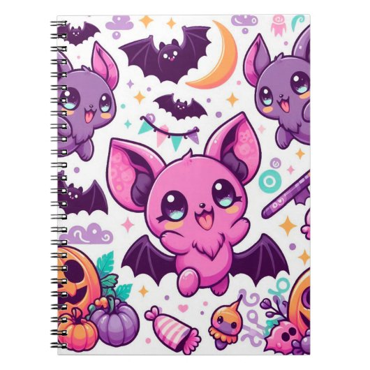 Cute purple bats halloween candy ノートブック (正面)