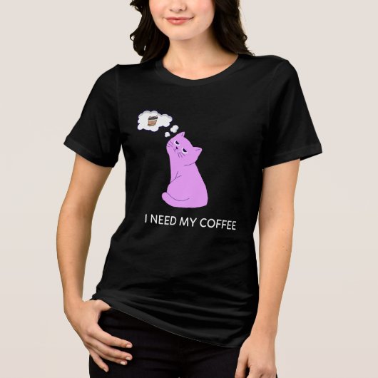 Cute Purple Cat “I Need My Coffee” Funny Design トライブレンドTシャツ (正面)
