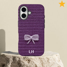 Cute Purple Crochet Bow Yarn Custom Name iPhone 16ケース