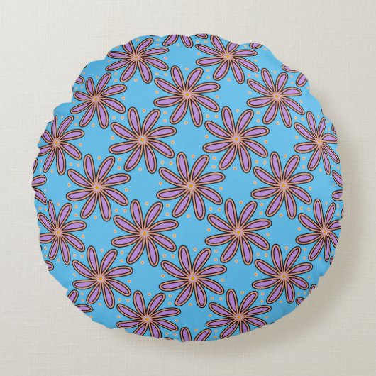 Cute Purple Daisies On Blue Throw Pillows ラウンドクッション (正面)