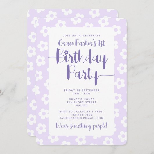 Cute Purple Daisy Pattern 1st Birthday Party 招待状 (正面/裏面)