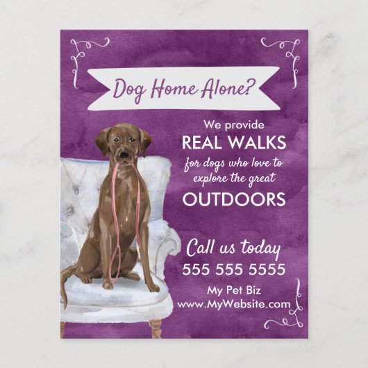 Cute Purple Dog Walker Flyer with Swirls Banner チラシ (正面)