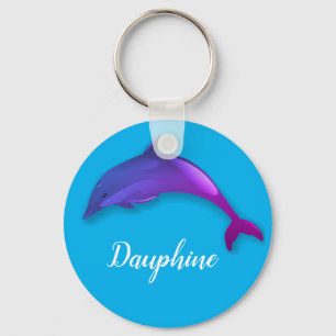 Cute purple dolphin in sky blue - add name キーホルダー