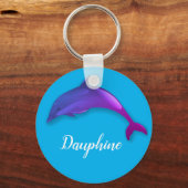 Cute purple dolphin in sky blue - add name キーホルダー (正面)