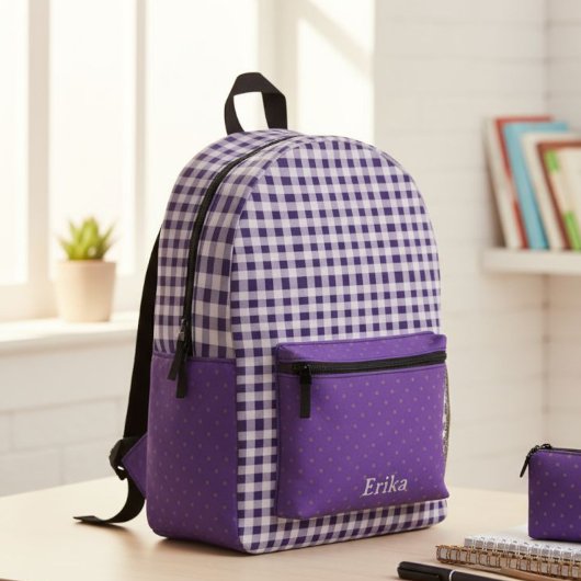 Cute Purple Gingham Personalized Backpack プリントバックパック