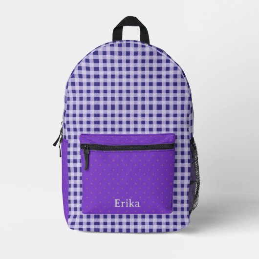 Cute Purple Gingham Personalized Backpack プリントバックパック (正面)