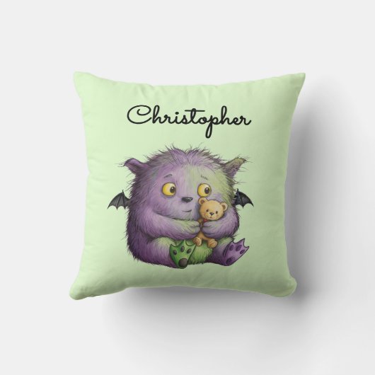 Cute Purple Green Fluffy Monster Buddy クッション (裏面)
